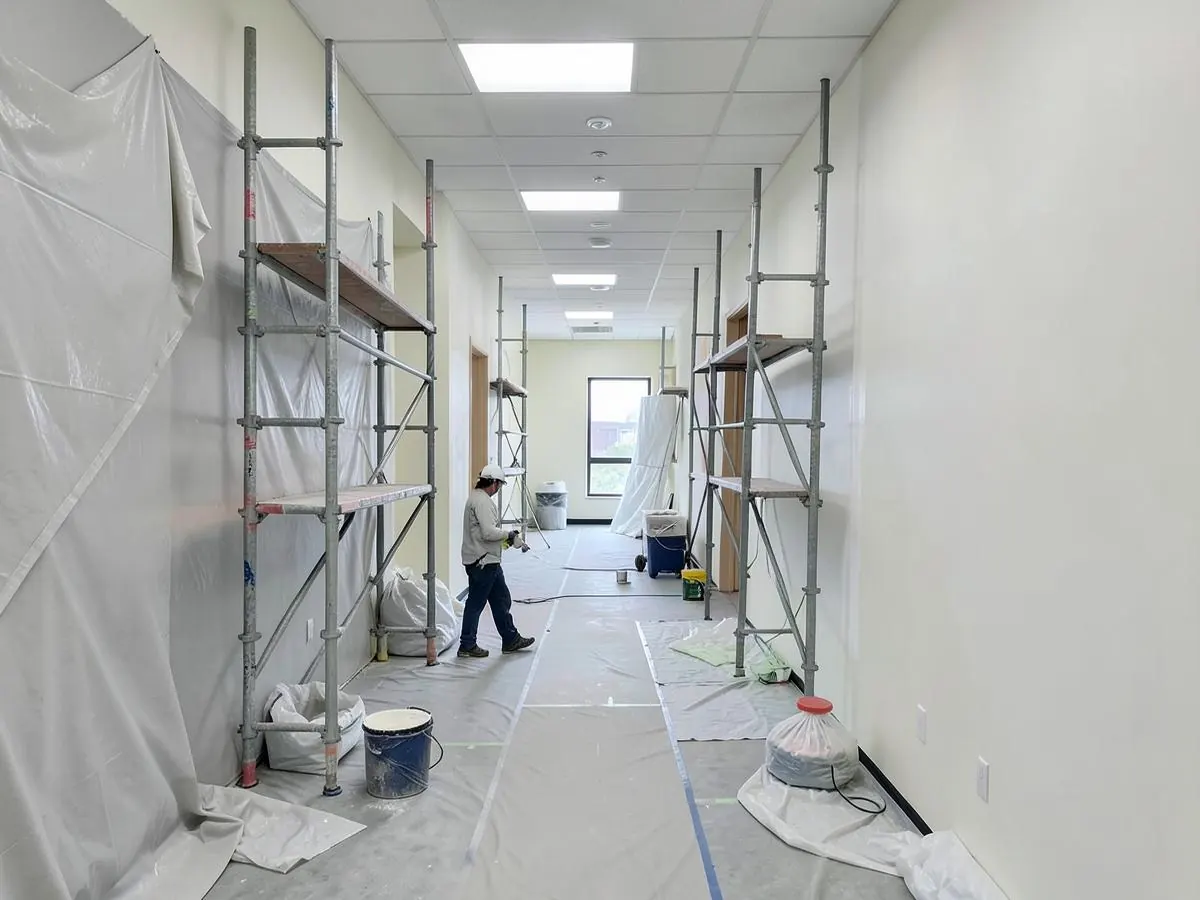 Painter spraying the walls of a commercial corridor lined with scaffolding and drop sheets