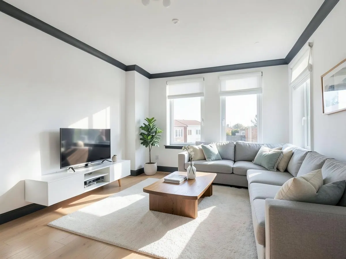 Freshly painted living room with bright white walls, charcoal cornice and skirting boards, and a grey corner sofa